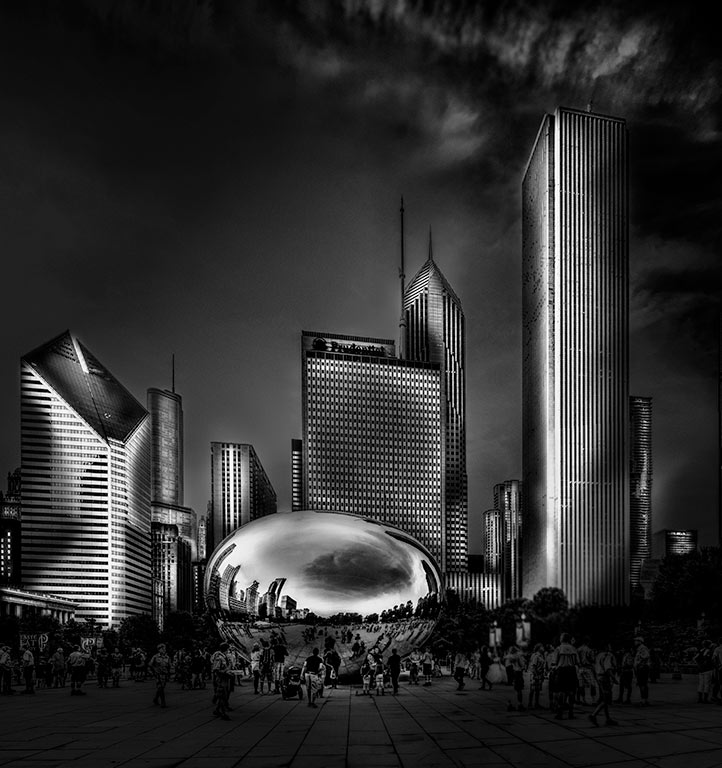 Chicago,-Cloud-Gate-and-surrounding-buildings_BW