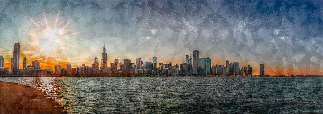 Chicago,-View-of-the-skyline at sunset